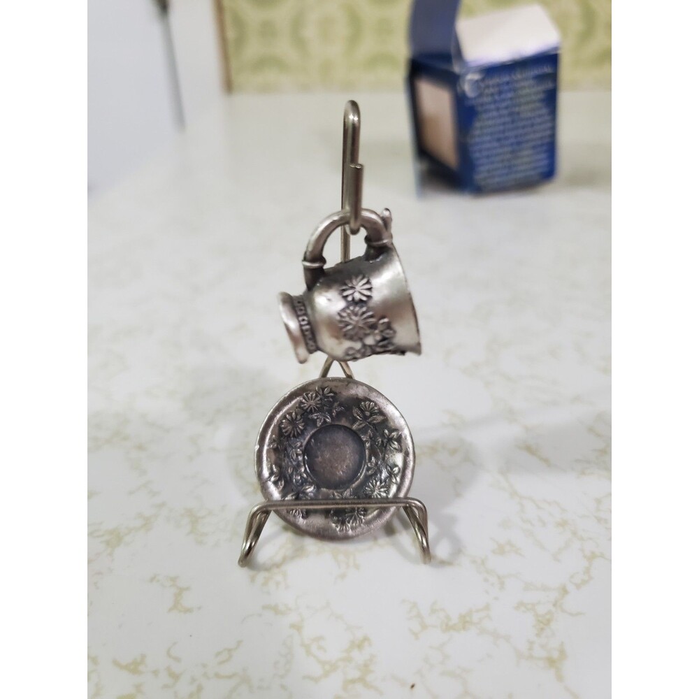 Ganz Pewter Miniature Cup & Saucer 2 in. With Stand Time For Tea